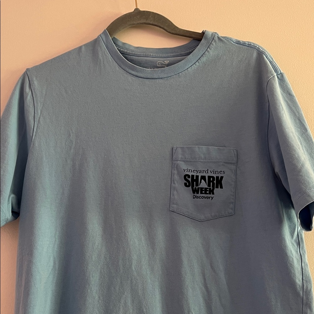 Vineyard Vines Dusty Blue Shark Week Pocket Tee